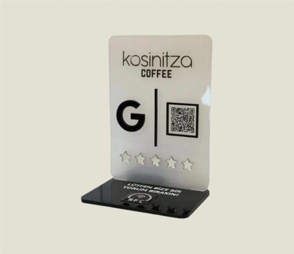 QR NFC pleksi, QR kodlu pleksi stand, NFC pleksi masa üstü, restoran QR menü pleksi, dijital menü QR NFC pleksi, şeffaf pleksi QR kod
